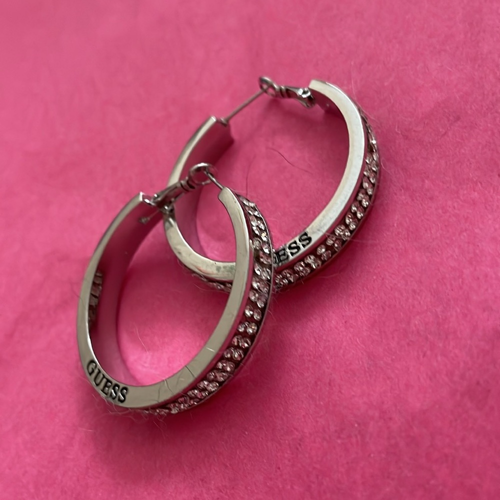 “Guess” rhinestone silver hoops